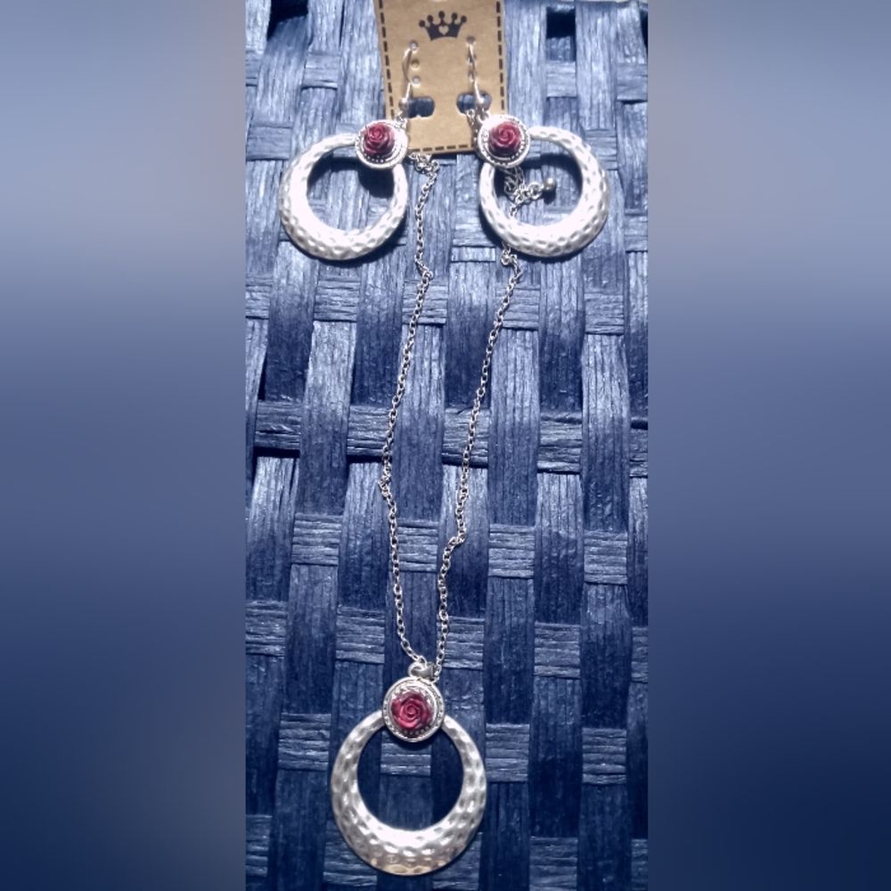 Beautiful Silver Red Rose Necklace & Earrings Set Design By Me.